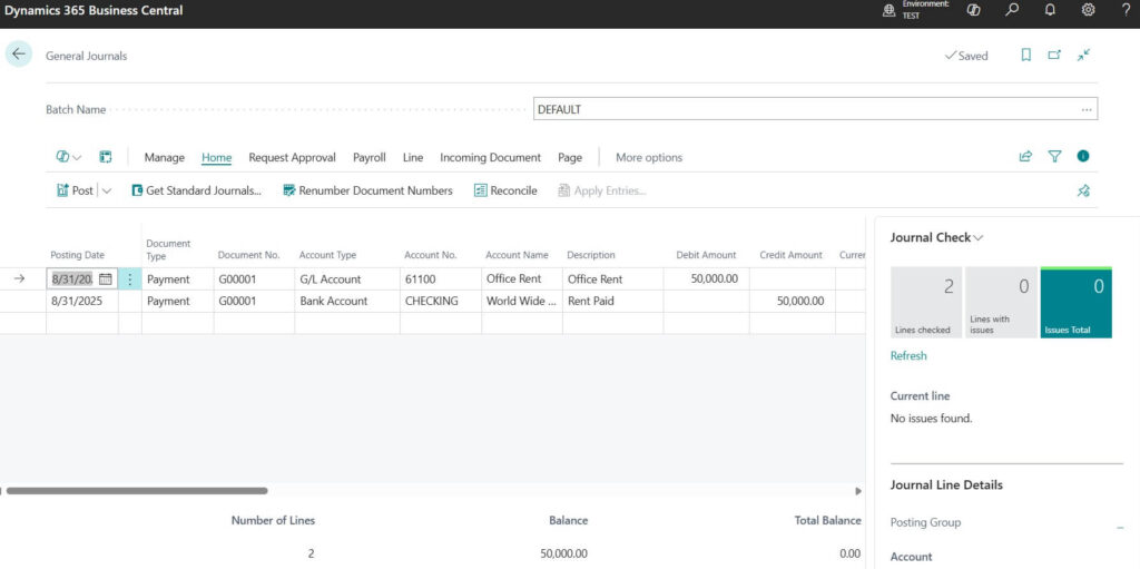 Sample General Journal Entries in Business Central