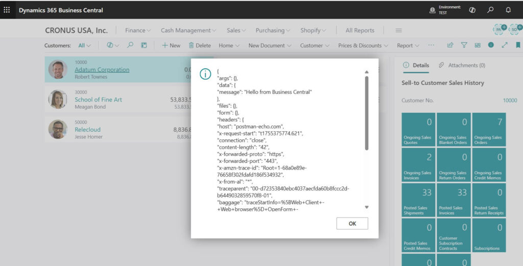Sample Json result by calling API from Business Central