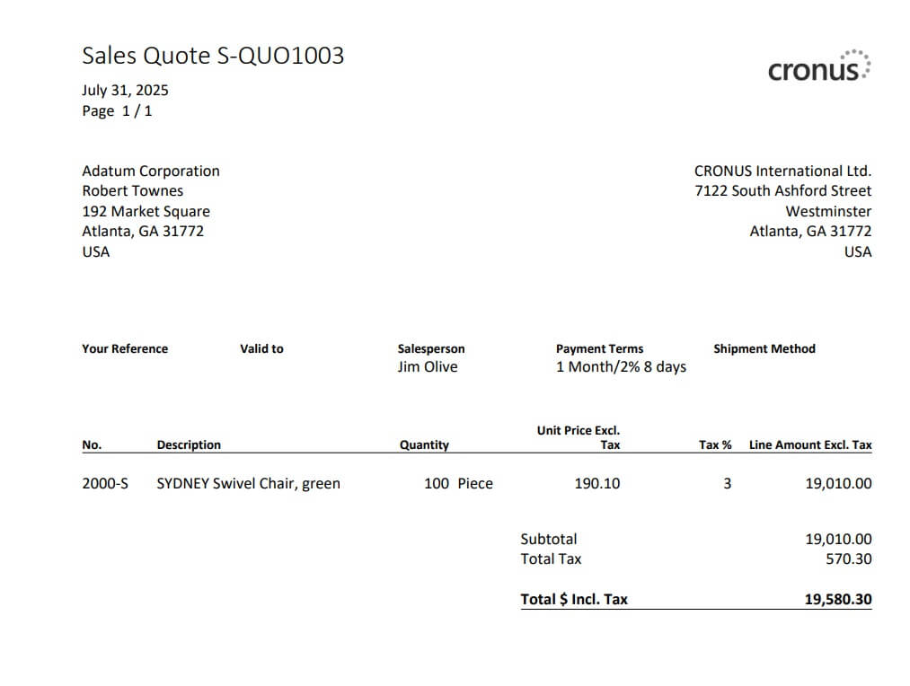 Sample Standard Sales Quote Document in Business Central
