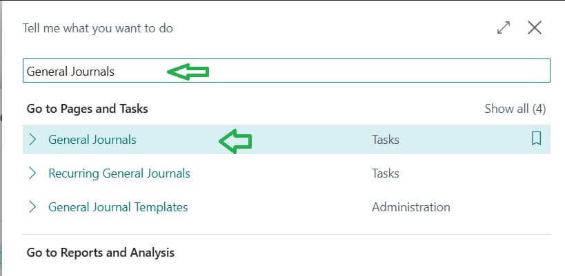 Searching General Journal in Business Central system