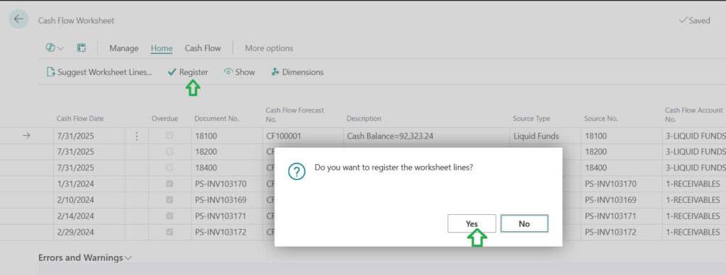 Suggest Worksheet lines with register confirmation screen