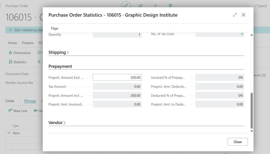 PO Statistics page with prepayment dedicated tab shows values before posting