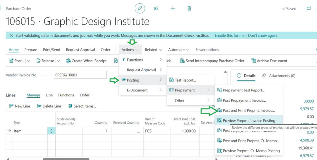 PO prepayment posting menu path in Business Central