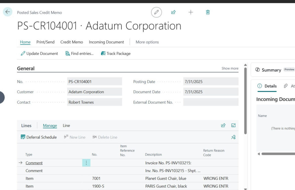 Posted Sales Credit Memo in BC