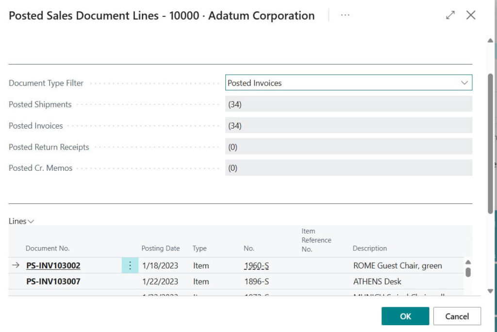 Posted Sales Invoice lines selection page for Sales Return order creation