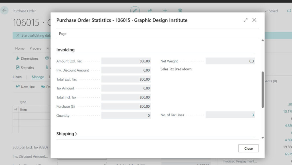 Posting Purchase Invoice against the Prepaid PO in Business Central with effective Statistics payment details