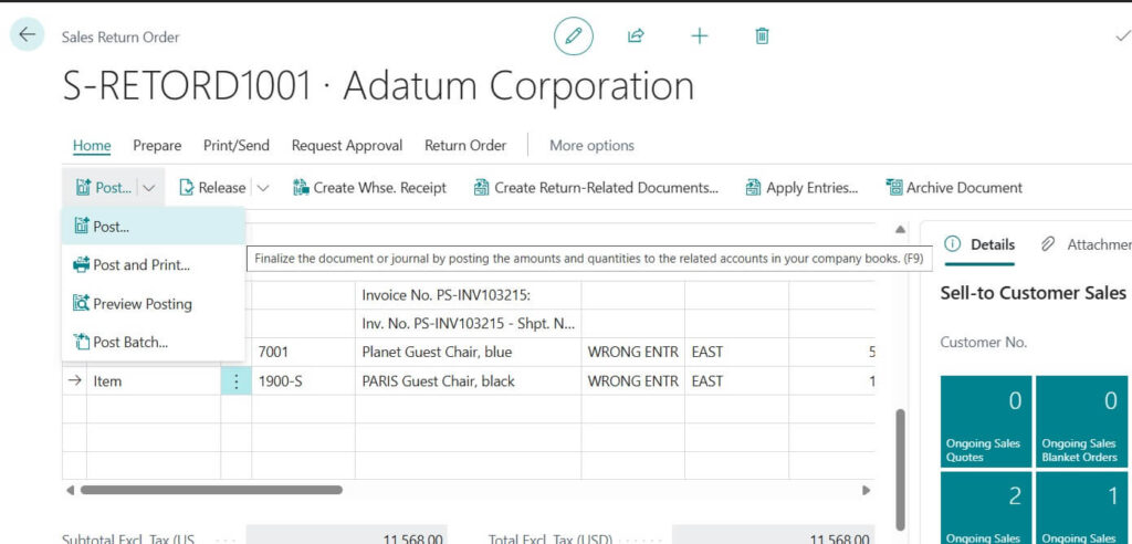 Posting Sales Return Order in Business Central