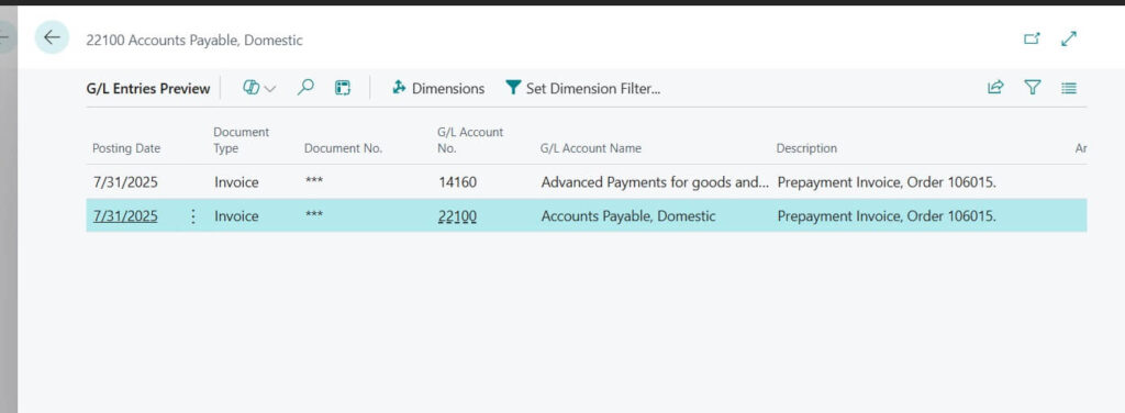 Prepayment preview posting GL entries image