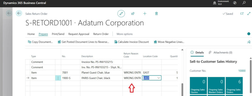 Return reason code updated in Sales Return order lines