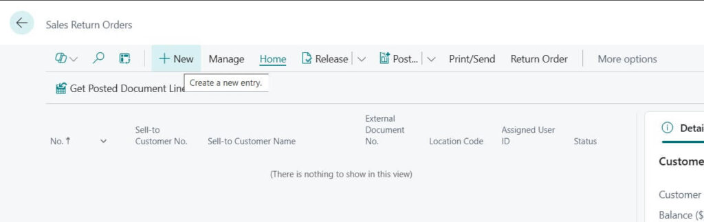 Sales Return order New document creation in Business Central