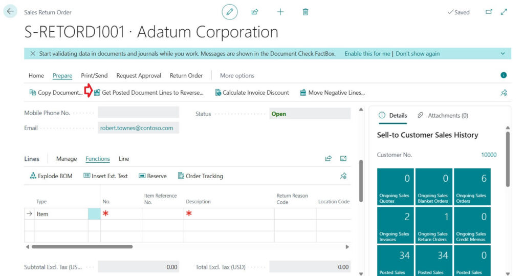 Sales Return order with get posted document to reverse option in BC