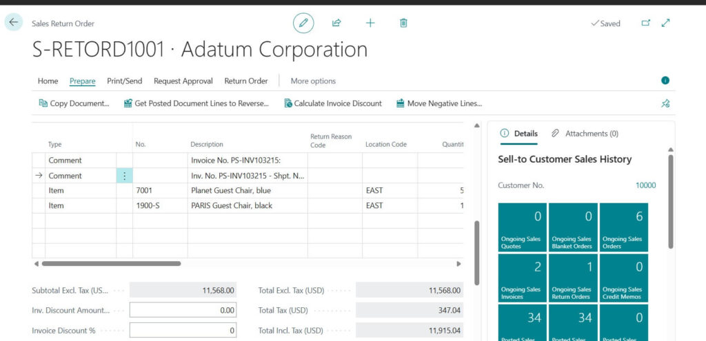 Sales return Order lines are populated screen for verification