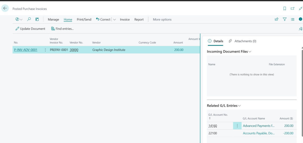 Sample posted Prepayment entries details