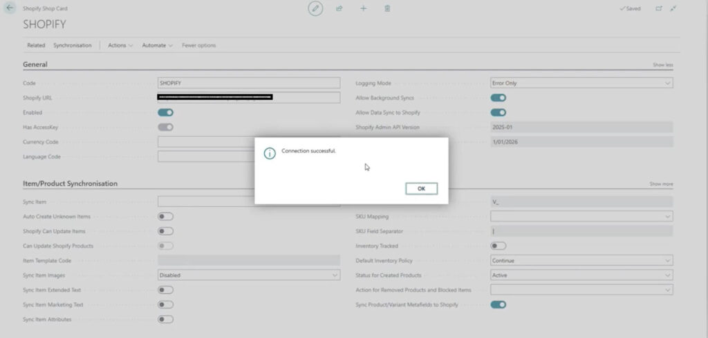 Business Central Shopify Setup test connection