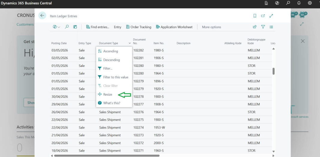 Resize columns option in Business Central