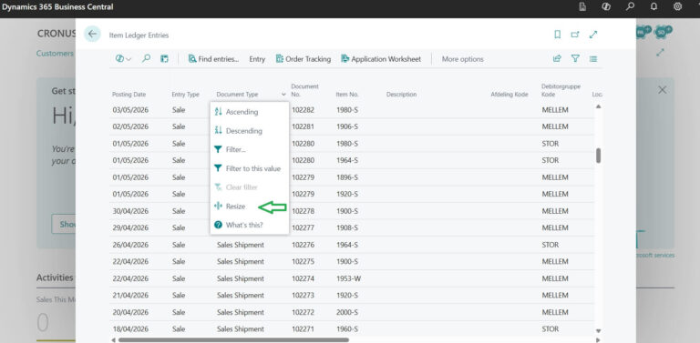 Resize columns option in Business Central