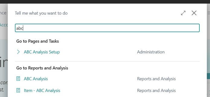 ABC Analysis Setup Search window