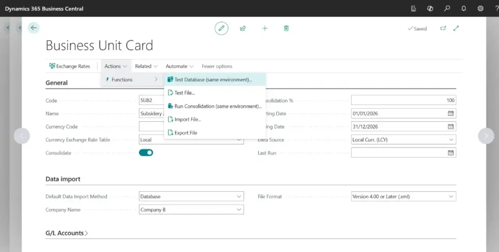 Business Unit in Business central Test database