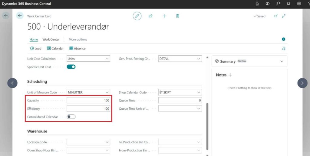 Capacity Efficiency and Consolidated Calendar setup in Work Center card of Manufacturing process in D365 Business Central
